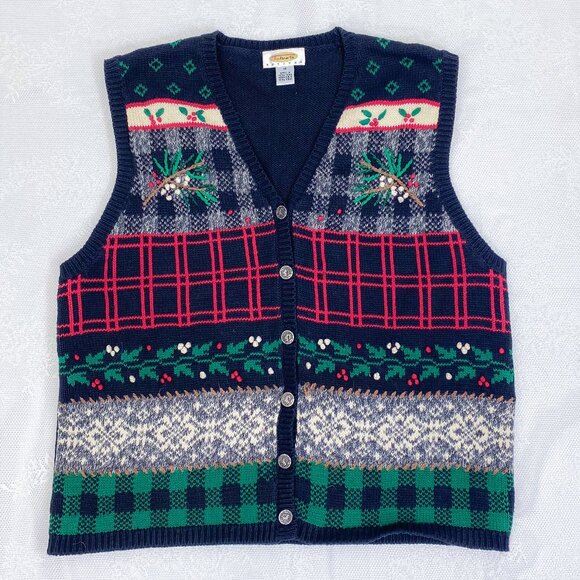 Vintage Talbots Holiday Sweater Christmas Granny Button Up Sweater Vest - Picture 1 of 6